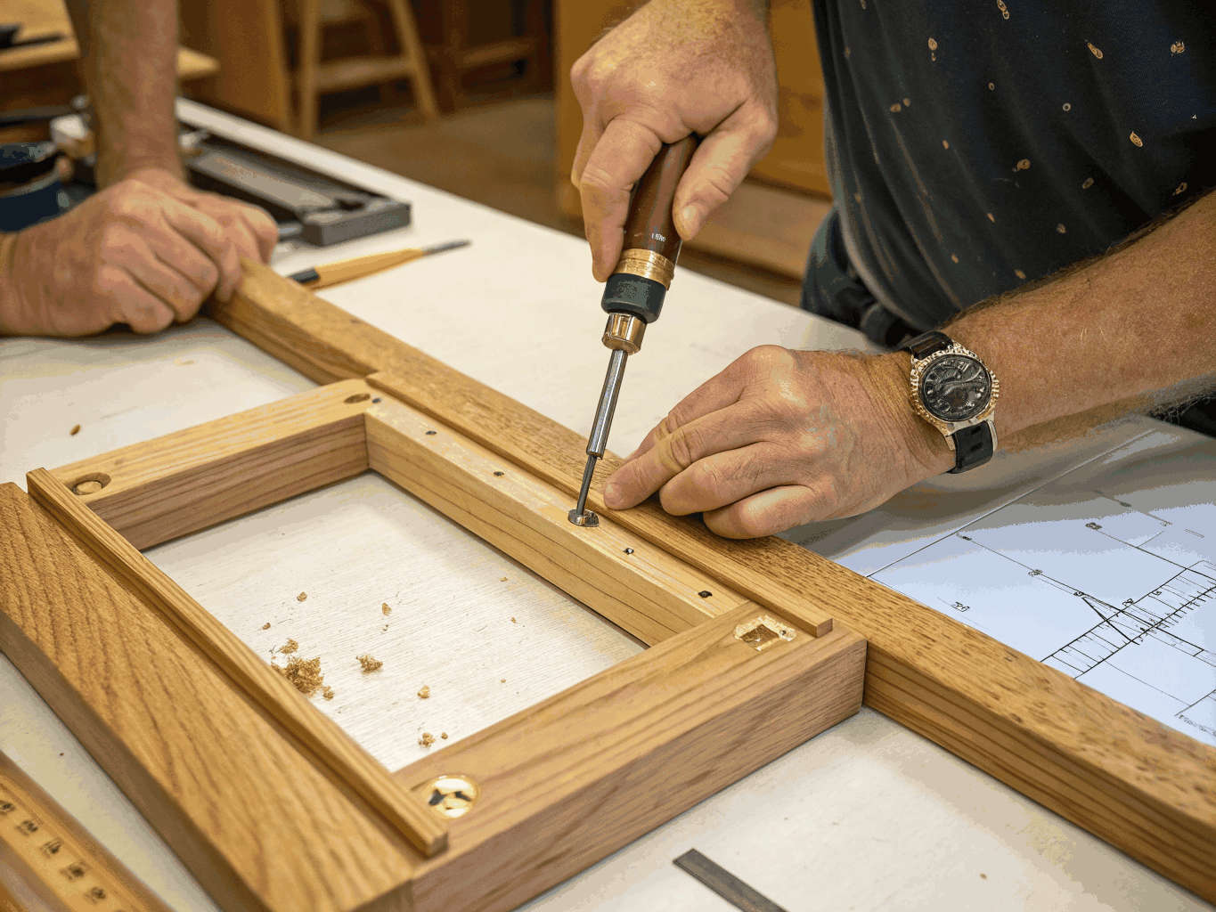 Master framer joining a solid dark oak shadowbox frame around an archival print
