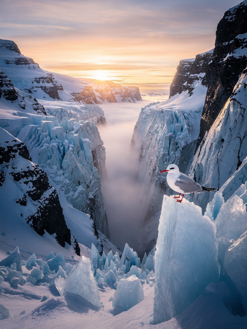 Panoramic landscape view of a glacial valley in Iceland during golden hour