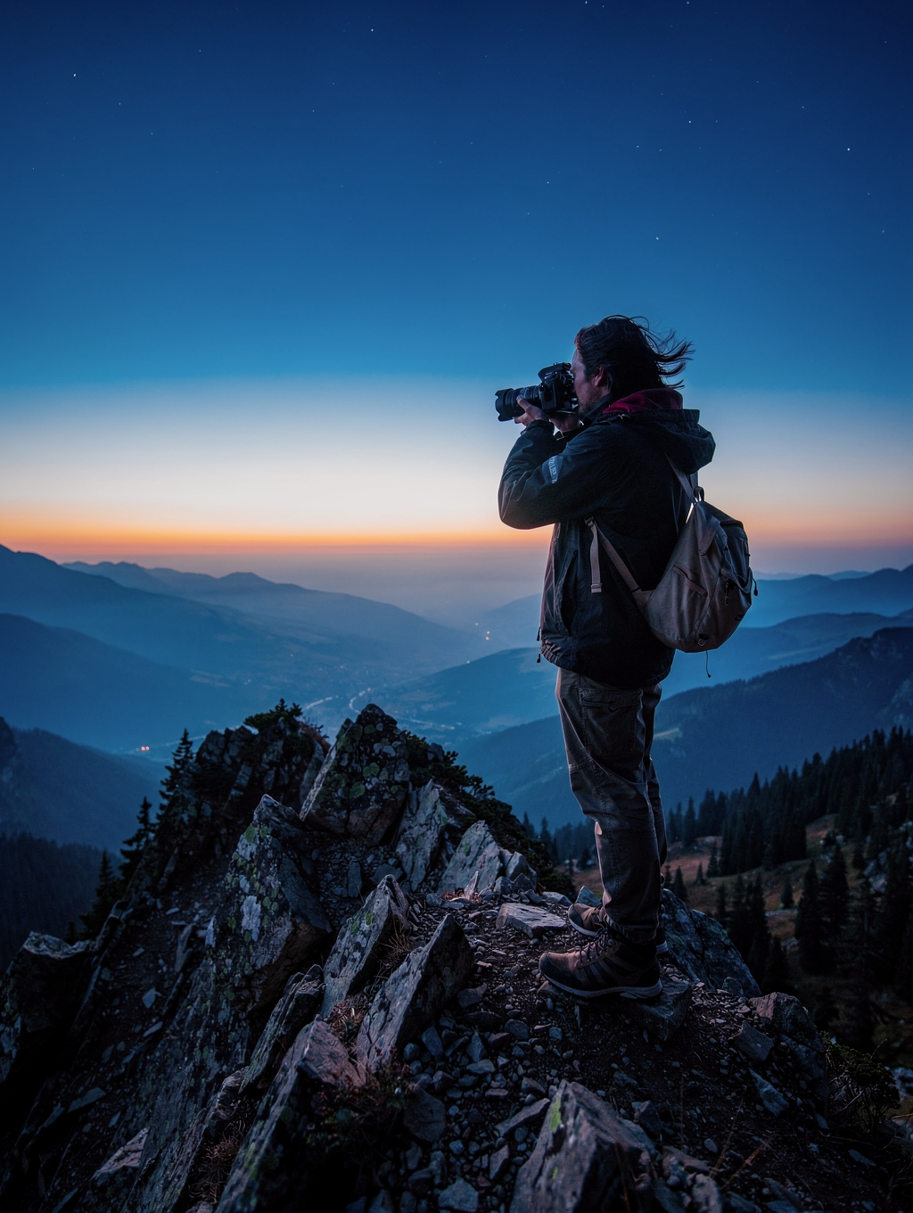 Photographer standing on a rugged mountain ridge in Iceland